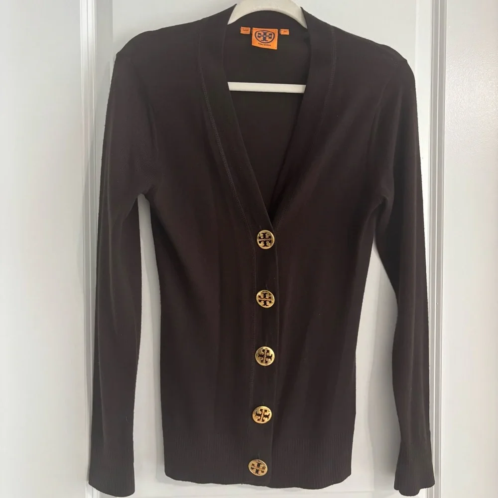 TORY BURCH 100% MERINO WOOL BROWN CARDIGAN